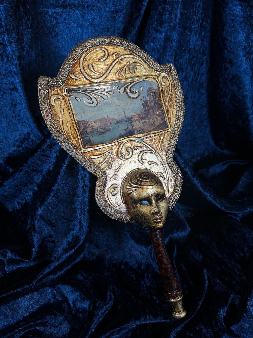 Vintage Papier Mache Hand Fan - Venetian Scene and Ornate Gilt Frame